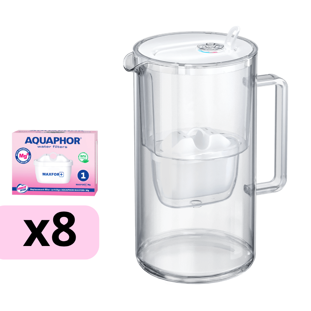 AQUAPHOR sklenená filtračná kanvica GLASS s 8 vložkami MAXFOR+ Mg