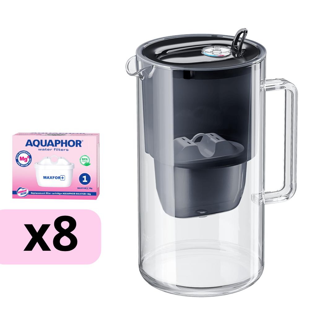 AQUAPHOR sklenená filtračná kanvica GLASS s 8 vložkami MAXFOR+ Mg